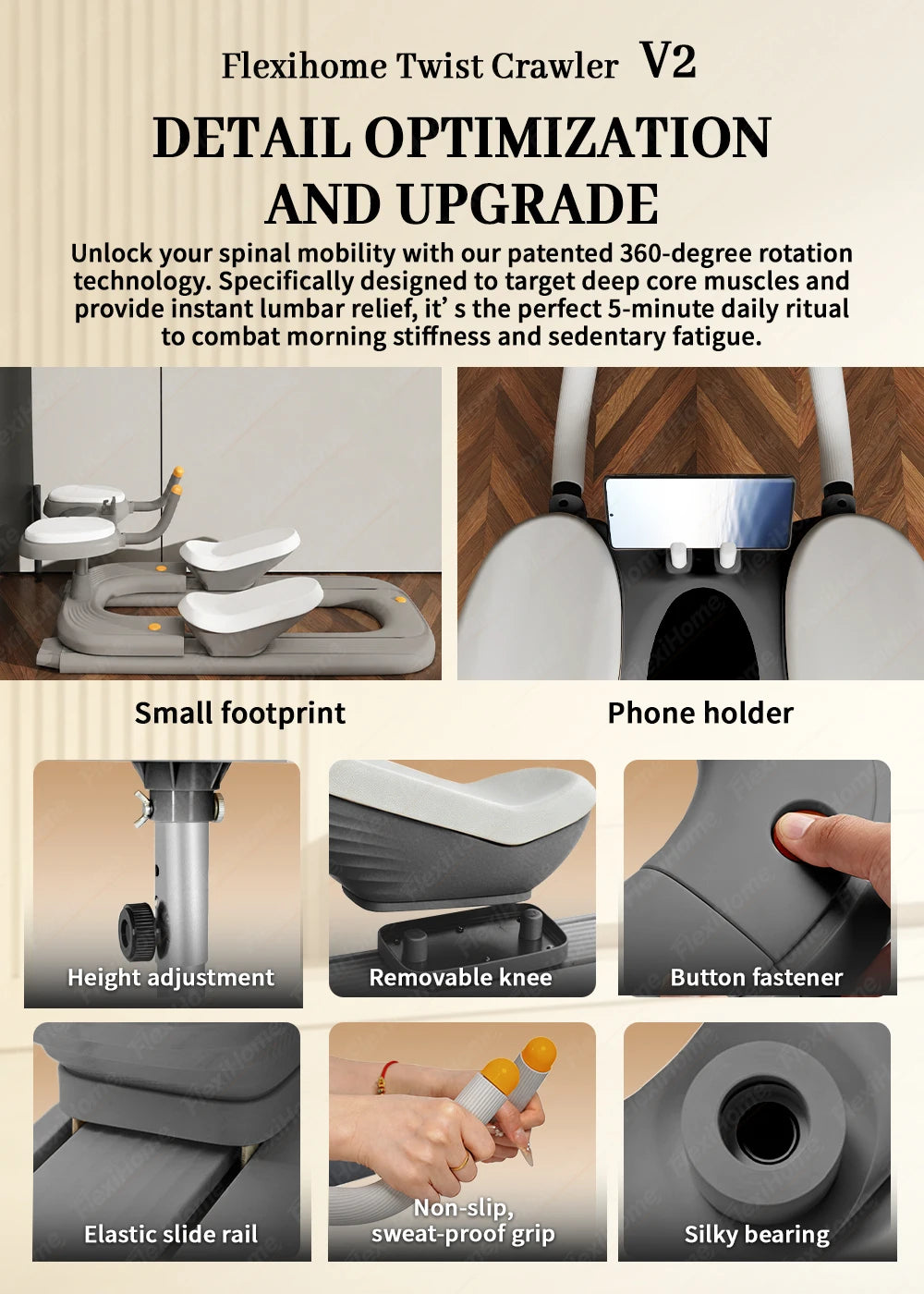 Back stretching machine R-shape hand grip detail – close-up