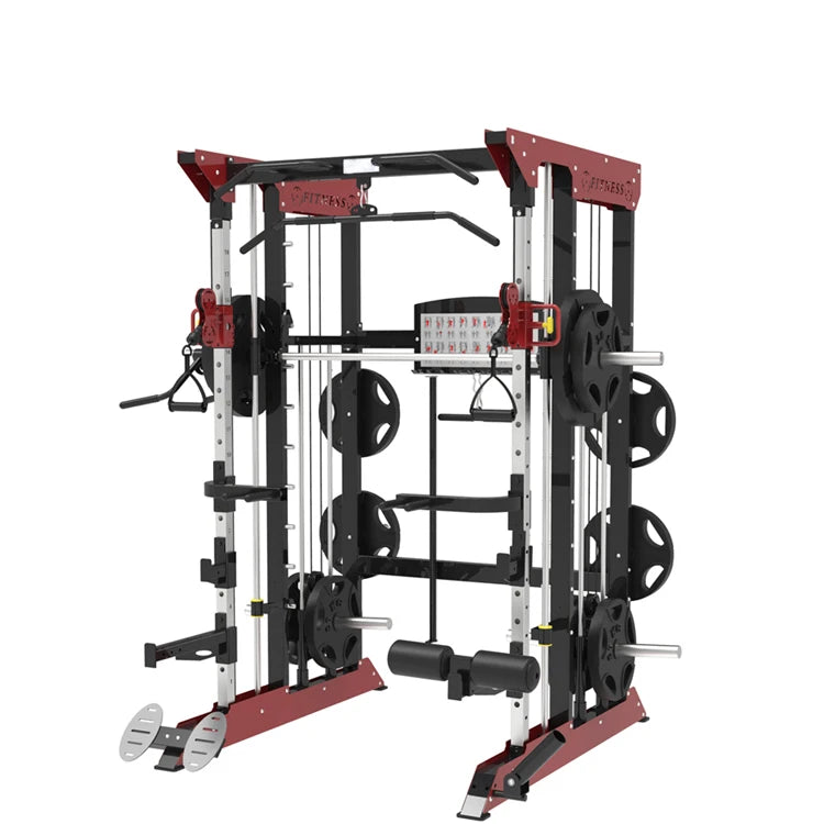 Commercial smith machine guided barbell rail system – front view