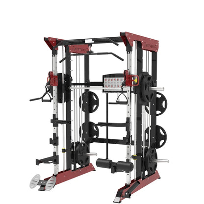 Commercial smith machine guided barbell rail system – front view